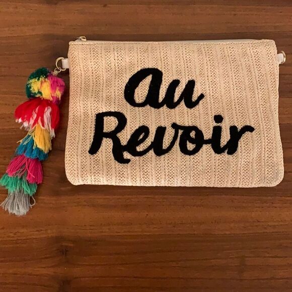 Tan woven zip graphic bag with pom pom tag - Picture 1 of 6